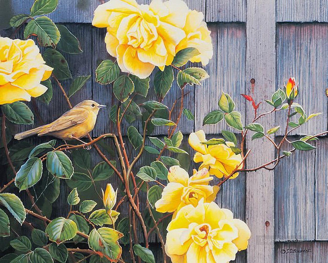 鳥と黄色いバラ油絵